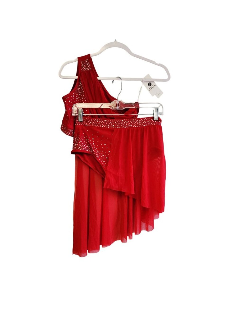 Red Asymmetrical Dance Costume Set  Rhinestones One-Shoulder Top   Skirt Size 14